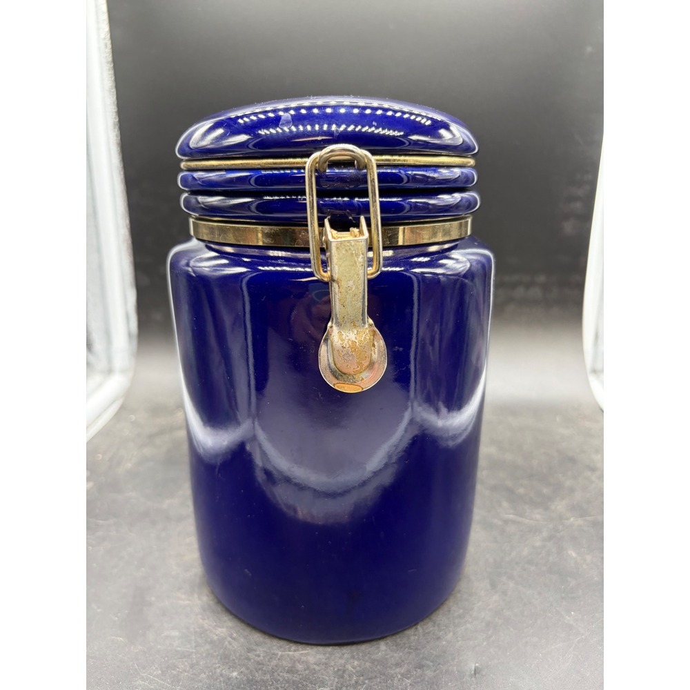 SAC Cobalt Blue Ceramic Canister Gold Tone Bale‎ Flip Top Lid Airtight Jar